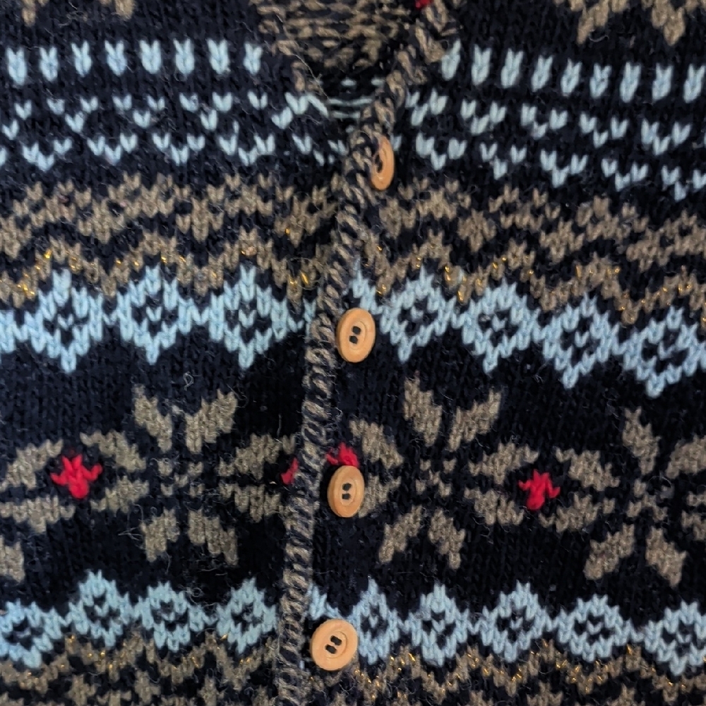 Molly Bracken Black, Gray, Light Blue, Red Fair Isle Knit V-Neck Sweater Vest - Picture 3 of 4